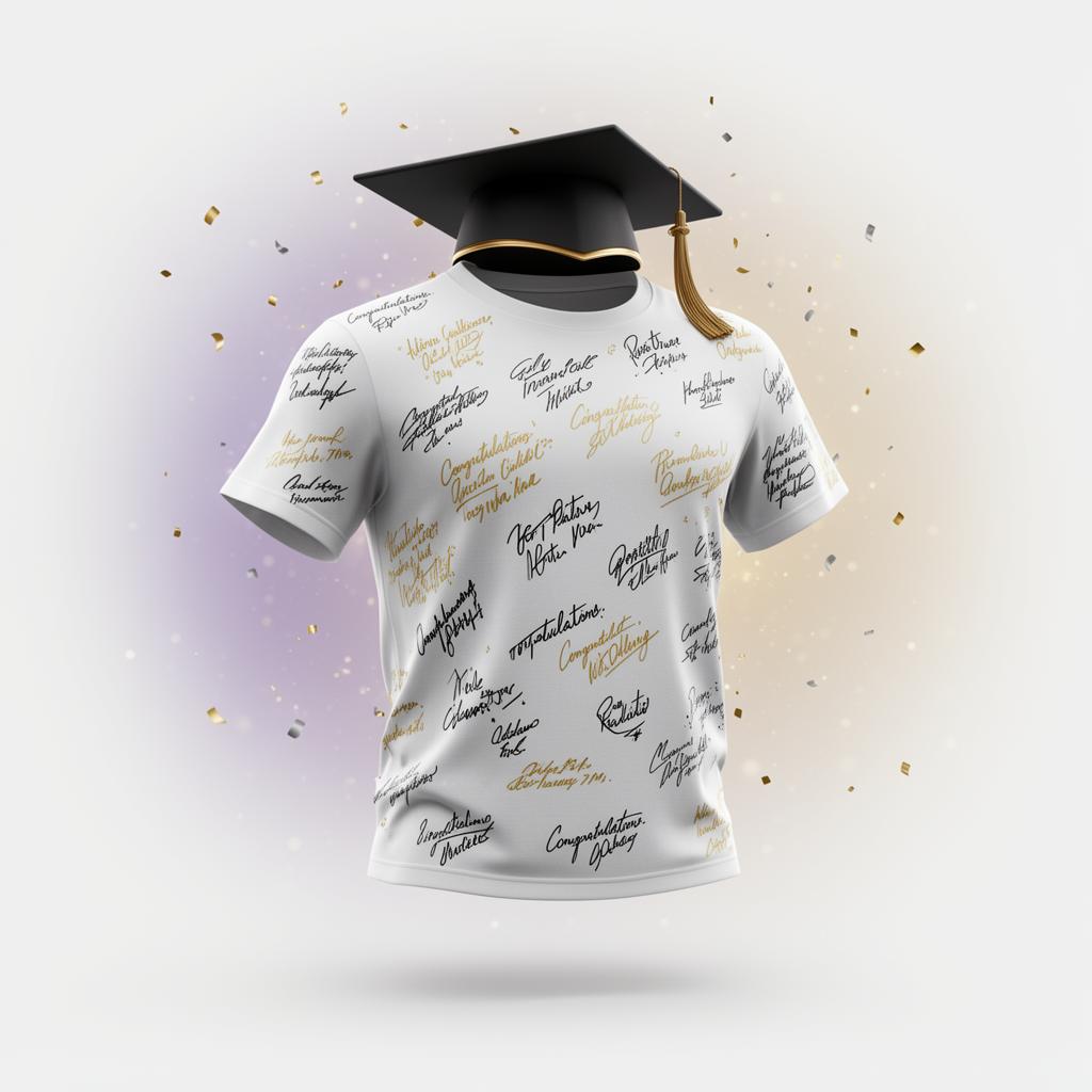 Digital graduation T-shirt covered in handwritten signatures